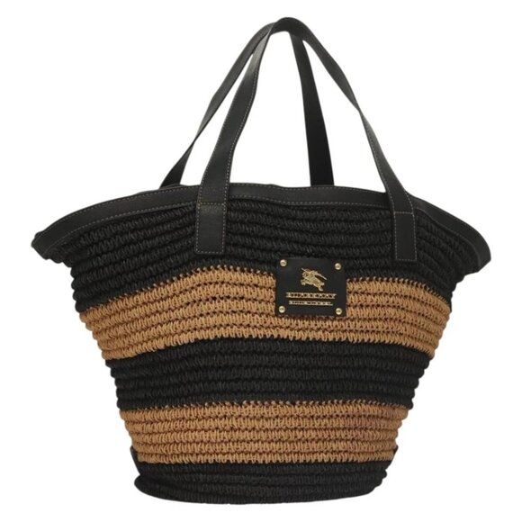 BURBERRY Blue Label Tote Bag Straw Gold Black Auth 132307 - Picture 2 of 16